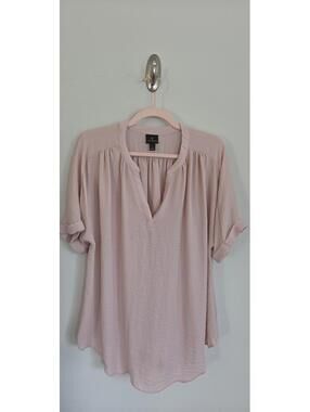 Worthington Women's Light Pink Split Neck Roll Tab Sleeve Blouse Size L